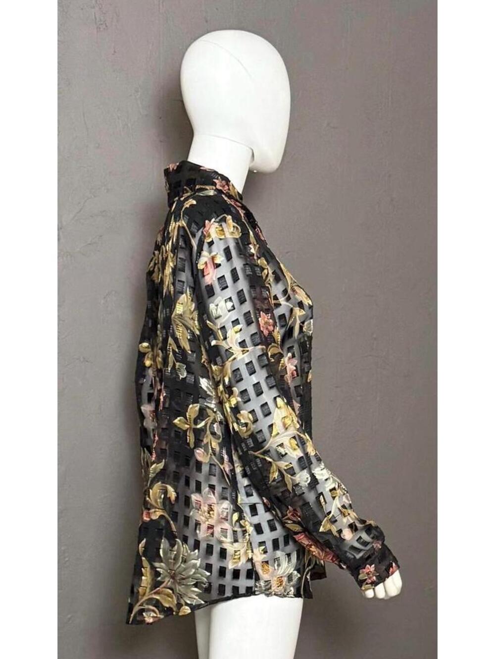 1980s Sheer Burnout Blouse by Expose Black x Earthy Floral size XL - Picture 5 of 10